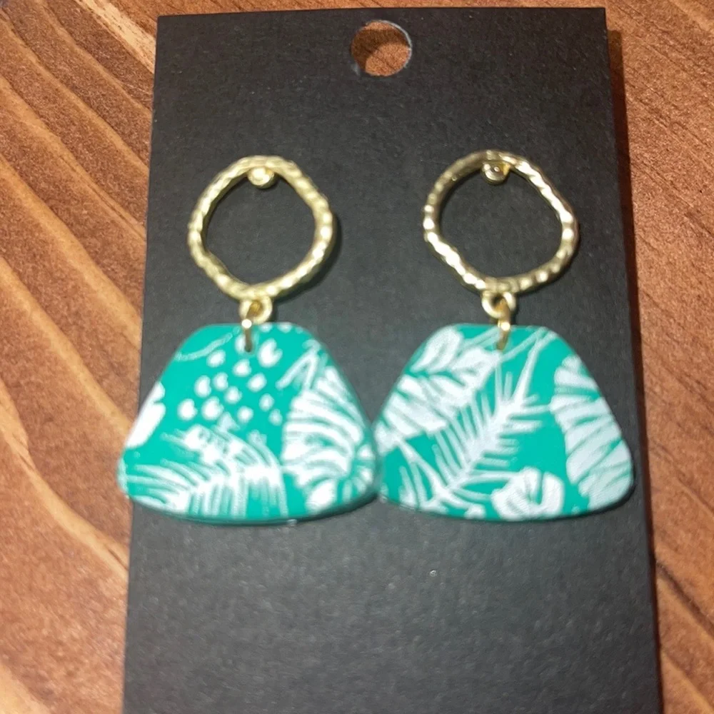 Monstera Earrings Green Polymer Clay Textured Gold Tone Handmade.